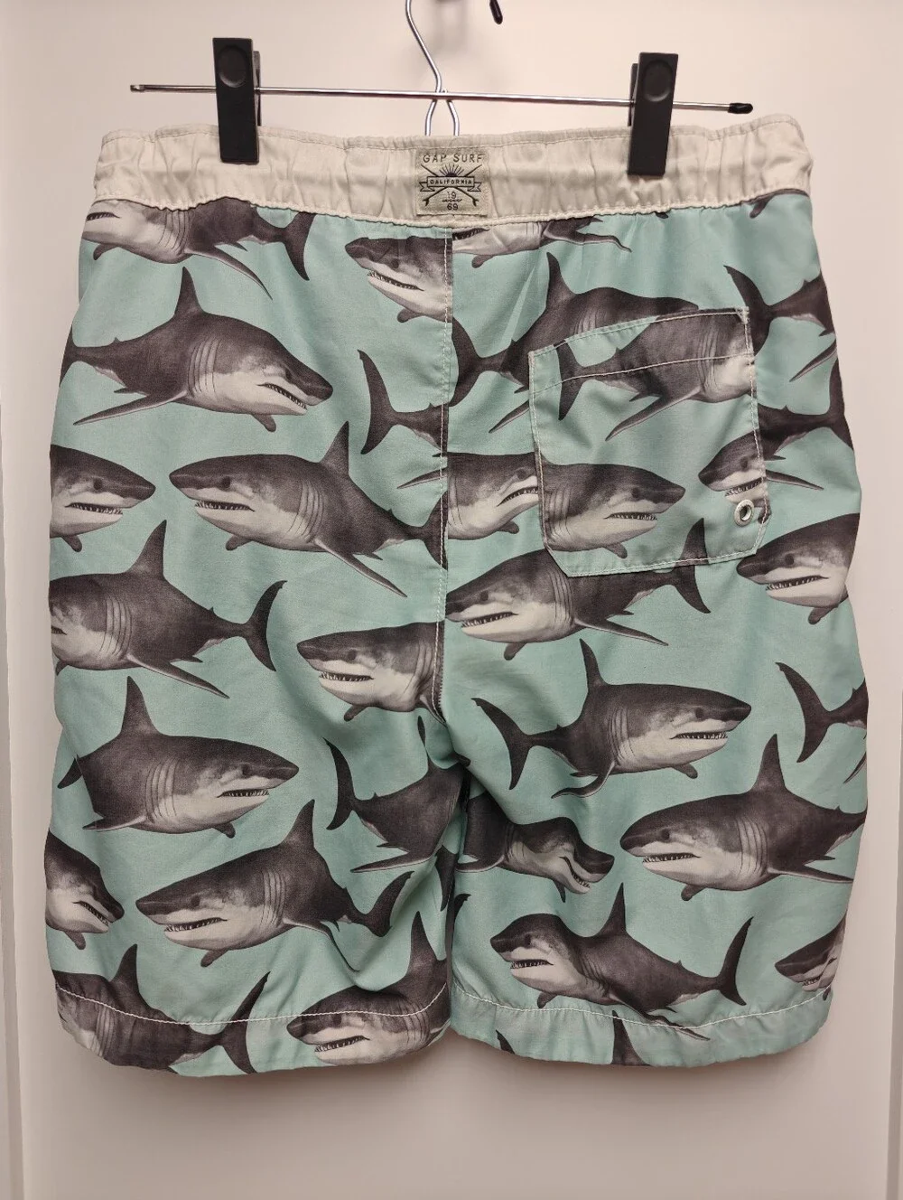 GAP Kids Surf Great White Shark Print Aqua Swim Trunks W/Pockets L 10/11 Husky